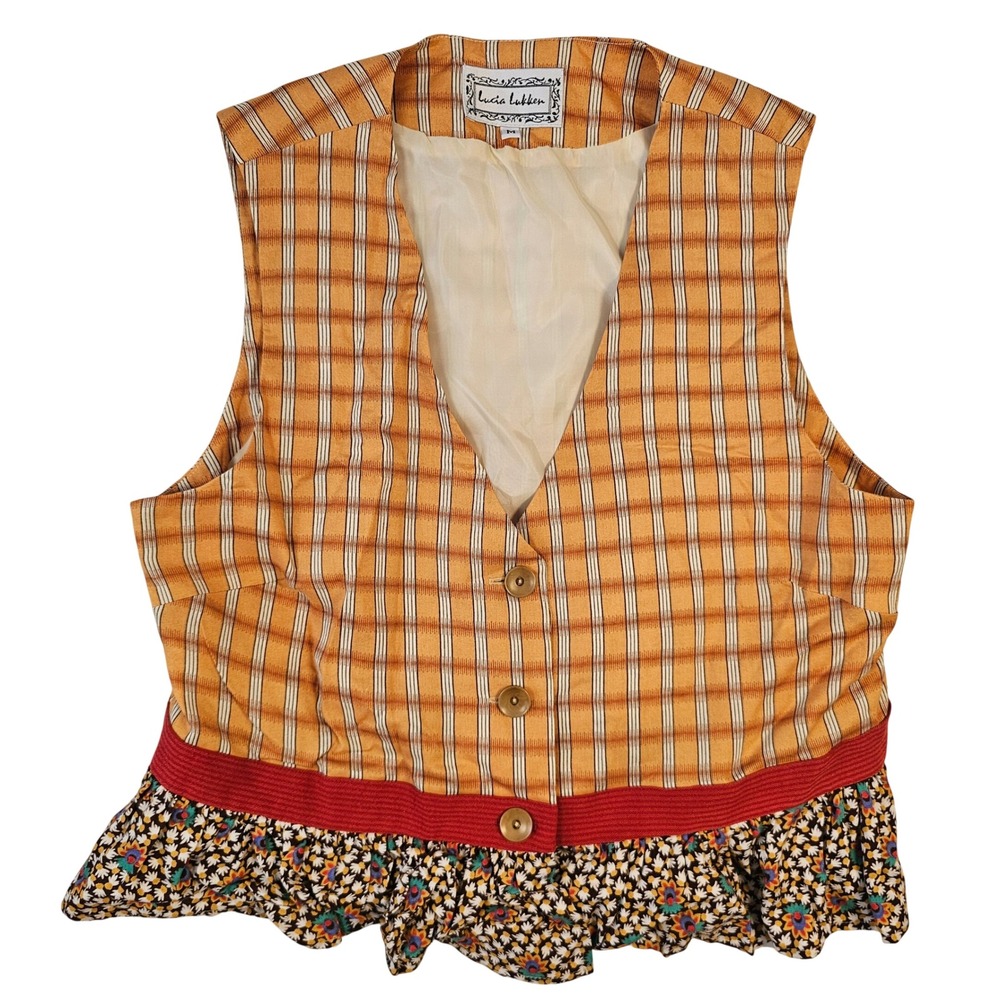 Lucia Lukken Vintage Plaid Floral Ruffle Hem Vest Mustard Yellow Red Size M